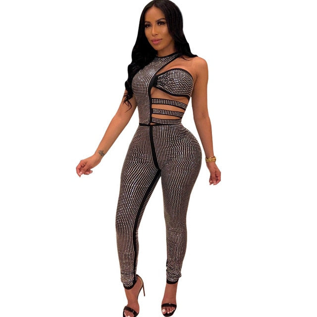 Diamond Sequin Backless Hollow Out Bodycon Jumpsuit