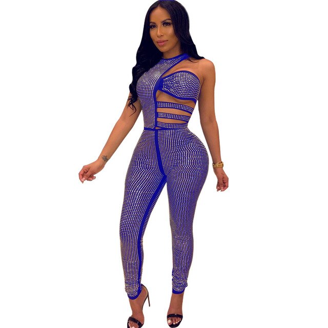 Diamond Sequin Backless Hollow Out Bodycon Jumpsuit